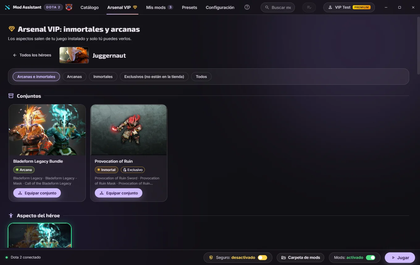 Arsenal VIP de Mod Assistant: los sets, la arcana y los inmortales de Juggernaut, con filtros de rareza y de exclusivos